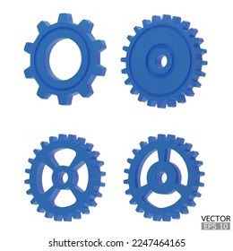 4 Symbol für blaues Zahnrad. Blaue Transmission-Zahnräder und Zahnräder sind einzeln auf weißem Hintergrund. Blue Machine Getriebe, Einstellsymbol, Reparatur und Optimierung Workflow-Konzept. 3D-Vektorgrafik.