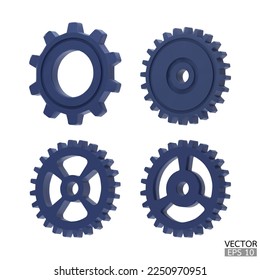 4 blue Gear icon set. Blue Transmission cogwheels and gears are isolated on white background. Blue Machine gear, setting symbol, Repair, and optimize workflow concept. 3d vector illustration.