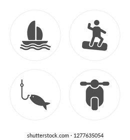 4 Boat, Fishing, Snowboard, Scooter modern icons on round shapes, vector illustration, eps10, trendy icon set.