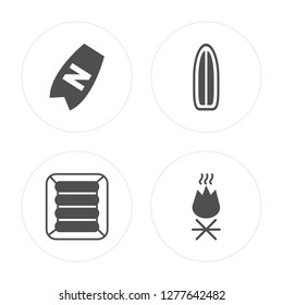 4 Bodyboard, Air mattress, Surfboard, Bonfire modern icons on round shapes, vector illustration, eps10, trendy icon set.