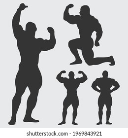 4 bodybuilder poses silhouette, Strong man black illustration.