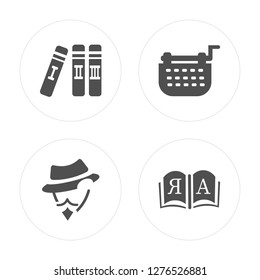 4 Books, Don quixote, Typewriter, Open book modern icons on round shapes, vector illustration, eps10, trendy icon set.