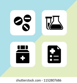 4 bottle icons in vector set. pill, test tube and flask for chemistry class, drug and prescription illustration for web and graphic design