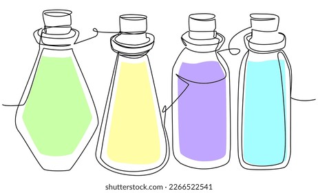 4 Frascos con líquido multicolor en una línea sobre un fondo blanco. El concepto de buques con líquido mágico. Ilustración vectorial de material con trazo modificable.