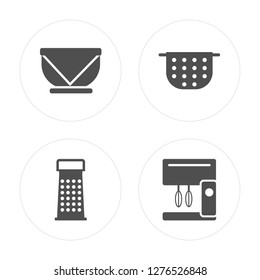 4 Bowl, Grater, Strainer, Mixer modern icons on round shapes, vector illustration, eps10, trendy icon set.