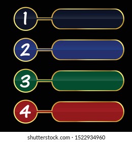 
4 boxes consisting of 4 colors: dark blue, blue, green and red
With gold border