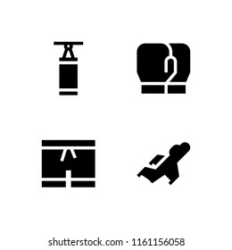 4 boxing icons in vector set. boxing gloves, fighter, boxing shorts and boxing bag illustration for web and graphic design