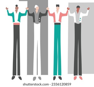 4 boys standing hands up together. Very long legs. Theater pose and cool wearing. White and grey rectangles on background.