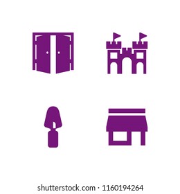 4 Brick Icons In Vector Set. Front Store, Trowel, Toy And Entrance Illustration For Web And Graphic Design