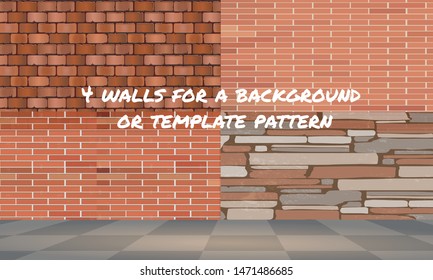 4 brick walls for various background tasks Different styles Template pattern, plan image - vector