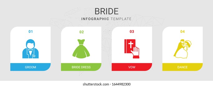 4 bride filled icons set isolated on infographic template. Icons set with groom, bride dress, vow, dance icons.