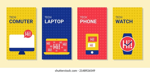 4 bright banners with a computer, laptop, smart watch and phone. Marketing image of device. Vector illustration
