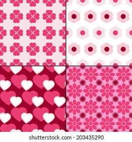 4 Bright girl different vector seamless patterns. Great for printing on fabric and gift wrapping paper or scrapbook. 