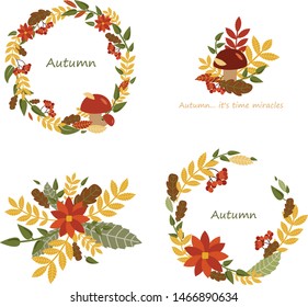 4 bright sets of autumn leaves from different trees, flowers, berries and mushrooms. Ideal for seasonal holidays, Thanksgiving Day.
