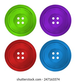 4 brilliant iridescent colored, plastic sewing buttons vector of classic green, red, purple and blue