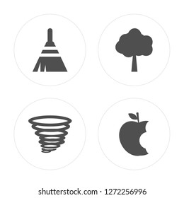 4 Broom, Storm, Tree, Apple modern icons on round shapes, vector illustration, eps10, trendy icon set.