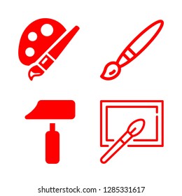 4 brush icons with painter palette and brush artistic tools and paint roller of filled silhouette in this set