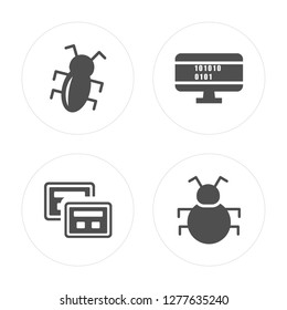 4 Bug, Theme, Binary code, Bug modern icons on round shapes, vector illustration, eps10, trendy icon set.