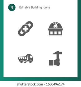 4 iconos llenos de edificios establecidos aislados en . Iconos con la construcción de enlaces, observatorio, Tipper, iconos de artesanía.