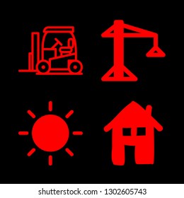 4 building icons with sun black symboi and house in this set