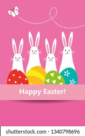 4 bunnies and colorful easter eggs