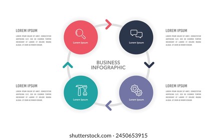 4 Geschäftskreise mit Infografik Design Vorlage. Geschäftsprozesse, Entwicklung, Workflow und Management. Vektorillustration.