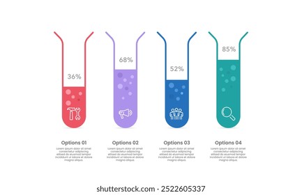 4 Opciones de gestión empresarial. Diseño de tubo de ensayo de ciencia infográfica. Presentación empresarial, estrategia, hoja de ruta y Plan. Ilustración vectorial.