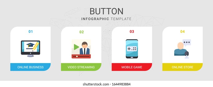 4 button flat icons set isolated on infographic template. Icons set with online business, Video streaming, Mobile game, online store icons.