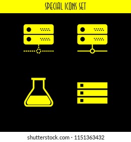 4 cabinet icons in vector set. chemistry class flask with liquid for experimentation and server illustration for web and graphic design