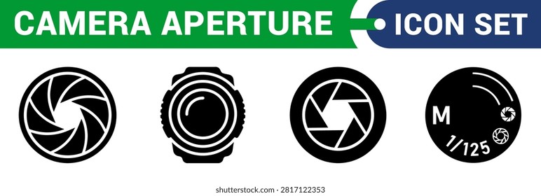 4 Camera Aperture Icon Set – Lens Shutter, Camera Dial and Photography Control Black Silhouette Vector Icons
