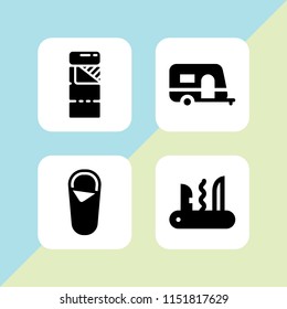 4 camp icons in vector set. caravan, camping and sleeping bag illustration for web and graphic design