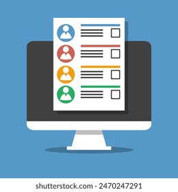 4 boleta de votación en línea del candidato que se muestra en la pantalla de la computadora, sistema electrónico de internet electoral, Ilustración vectorial plana del estilo