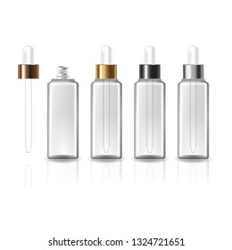 4 cap colors clear square cosmetic bottle with white dropper for beauty or healthy product. Isolated on white background with reflection shadow. Ready to use for package design. Vector illustration.