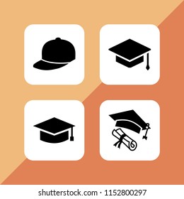 4 cap icons in vector set. mortarboard, baseball cap, graduation student black cap and hat illustration for web and graphic design