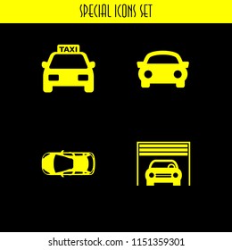 4 car icons in vector set. sports car, frontal taxi cab, vehicle and parking illustration for web and graphic design