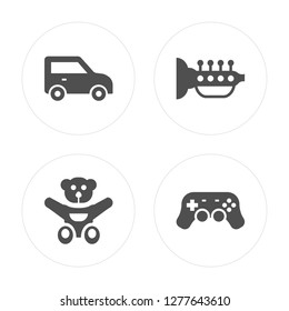 4 Car toy, Teddy bear Trumpet Gamepad toy modern icons on round shapes, vector illustration, eps10, trendy icon set.