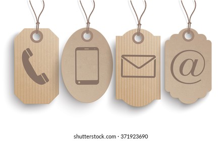 4 cardboard hanging price stickers with contact icons on the white background.  Eps 10 vector file.