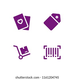 4 cardboard icons in vector set. cards, distribution, tag and barcode illustration for web and graphic design