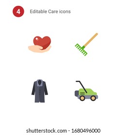 4 care flat icons set isolated on . Icons set with caring, Rake, coat, Lawnmower icons.