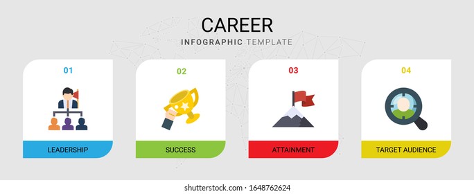 4 career flat icons set isolated on infographic template. Icons set with Leadership, success, attainment, Target Audience icons.