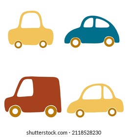 4 cartoon cars. Vector isolated children illustration for puzzle, print, kids room decor, stickers, cards.