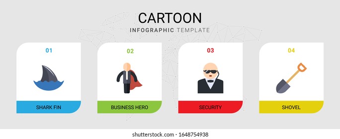 4 cartoon flat icons set isolated on infographic template. Icons set with shark fin, business hero, security, Shovel icons.