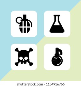 4 cartoon icons in vector set. grenade, flask outline and human skull with crossed bones silhouette illustration for web and graphic design