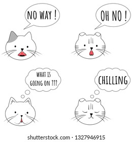4 cat faces with emotions and speech bubbles