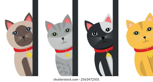 4 Cats Hiding on the Side Illustrations - Siamese, Tabby, Black White and Fat Orange Cats. Cartoon in Flat Design.