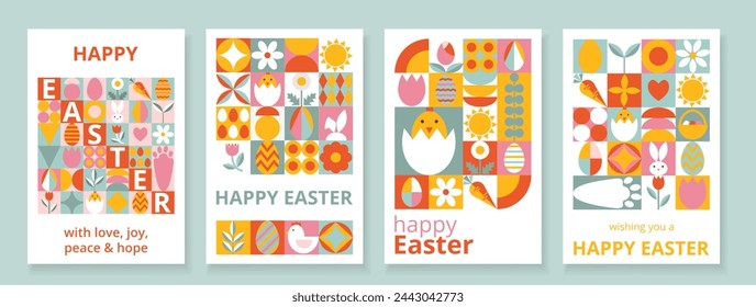 4 celebration cards for Happy Easter with typography. Modern design with simple shapes. Icons with eggs, bunny, flowers, chicken. Bauhaus style. Bright templates for card, poster, advertising, banner