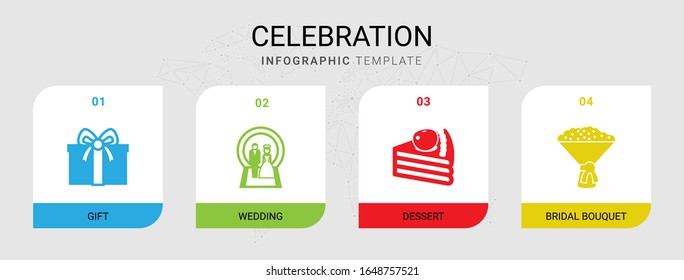 4 iconos rellenos de celebración establecidos aislados en plantilla infográfica. Iconos con regalo, Boda, postre, íconos de ramo nupcial.