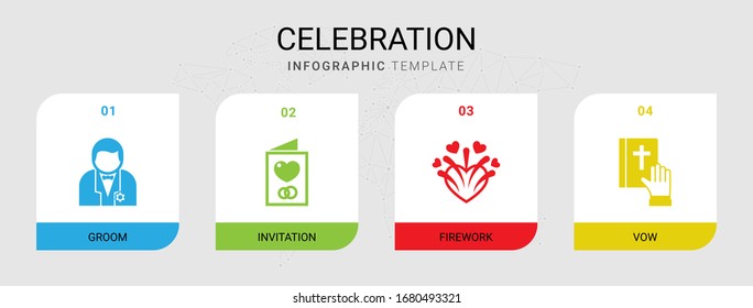 4 celebration filled icons set isolated on infographic template. Icons set with groom, Invitation, firework, vow icons.