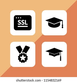 4 certificate icons in vector set. graduate cap, ssl, graduation cap and ribbon badge award illustration for web and graphic design