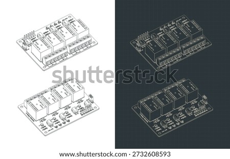 4 channel relay module board isometric drawings stylized vector illustrations